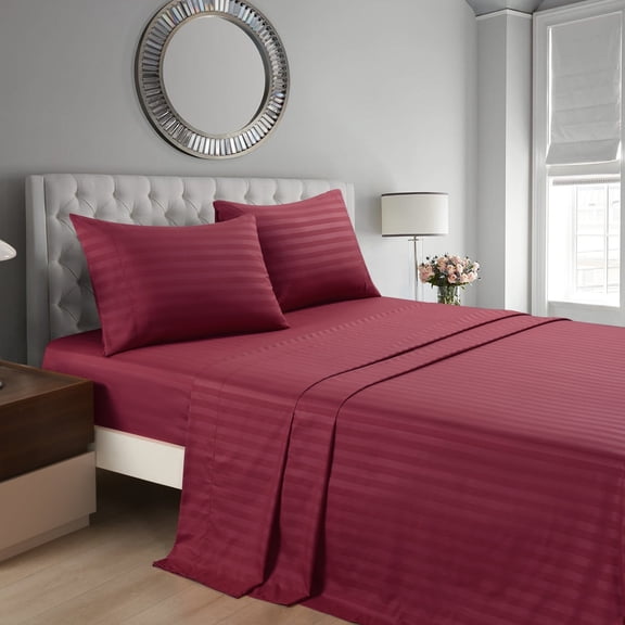 3-Piece Stripe Burgundy Polyester Bed Sheet Set, Twin –18 inch Deep Pocket