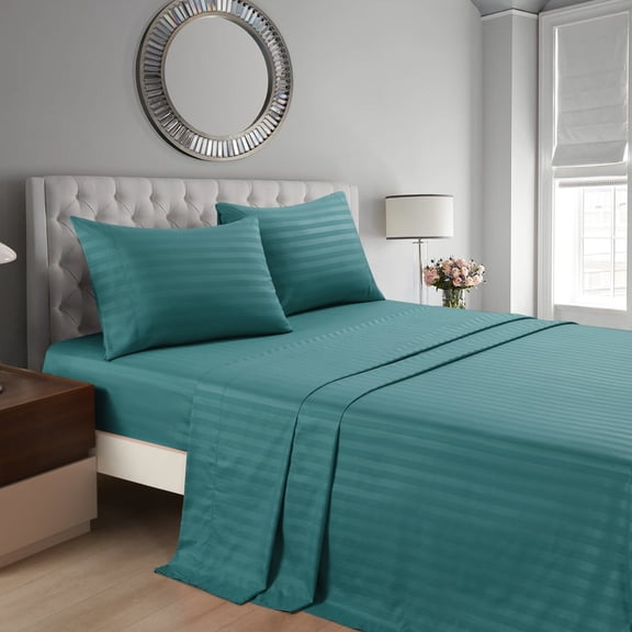 3-Piece Stripe Teal Polyester Bed Sheet Set, Twin –18 inch Deep Pocket