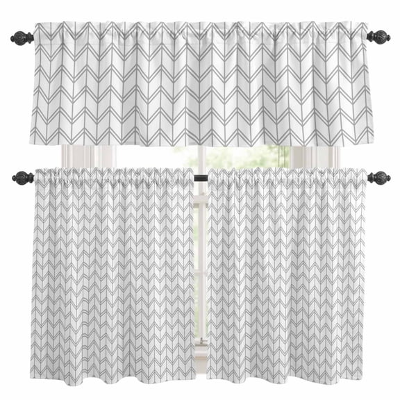 3 Piece Striped Abstract Kitchen Curtain Valance and Tiers Set Chevron Pattern Gray Line Simplicity Rod Pocket Tier Curtain 24 Inch Small Window Drapes for Living Room Bedroom Cafe Home Decor