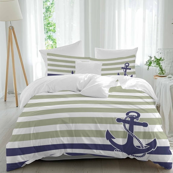 3 Piece Striped Anchor Duvet Cover Set Full Size,Microfiber Comforter/Quilt Cover with Corner Ties and 2 Pillowcases,Navy Blue Nautical Sage Green Geometric All Season Bedding with Zipper Closure