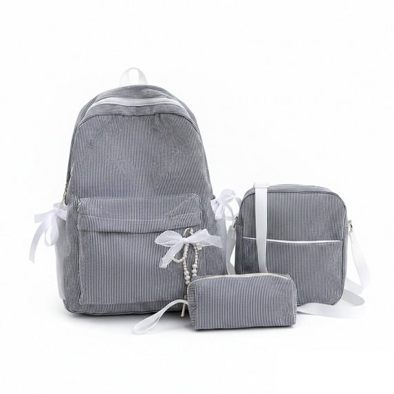 3 Piece Striped Backpack Set, Sweet Bow Decor Student Backpack with Crossbody Bag & Pencil Case, Large Capacity College Daily Bookbag