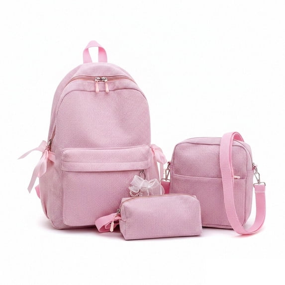 3 Piece Striped Backpack Set, Sweet Bow Decor Student Backpack with Crossbody Bag & Pencil Case, Large Capacity College Daily Bookbag