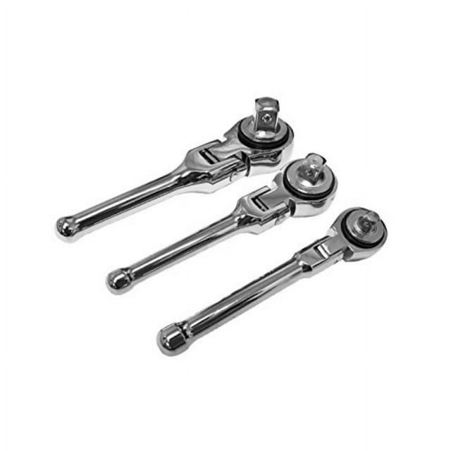 3 Piece Stubby Flexible Swivel Head Flex Head Ratchet Set 3 Sizes (Chrome)