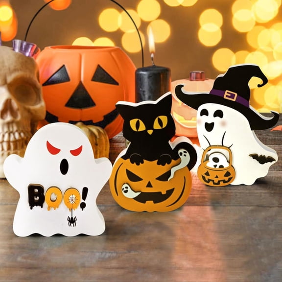 3 Piece Style Cute Wooden Ghosts Halloween Decorations indoor Table Decorations Cute Pumpkin Cat Signs Wizard Hat Wooden Blocks Boo Ghost Sign