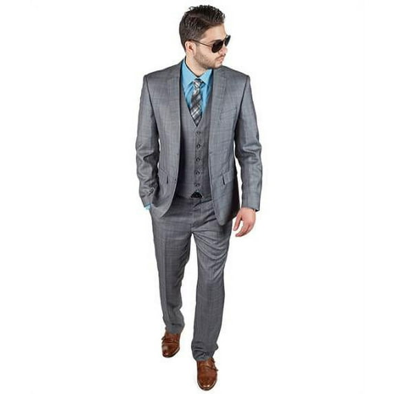3 Piece Suit Men Plaid Grey Slim Fit Double Vested Notch Lapel