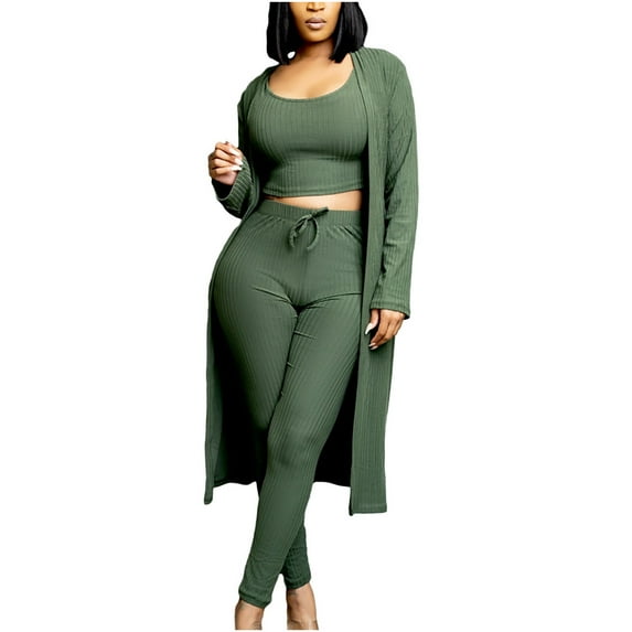 3 Piece Suit for Women's Solid Long Sleeve Open Front Long Coat Cardigan and Crop Tank Top with Leggings Loungewear