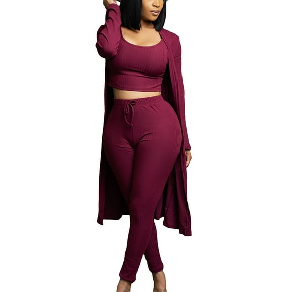 3 Piece Suit for Women's Solid Long Sleeve Open Front Long Coat Cardigan and Crop Tank Top with Leggings Loungewear