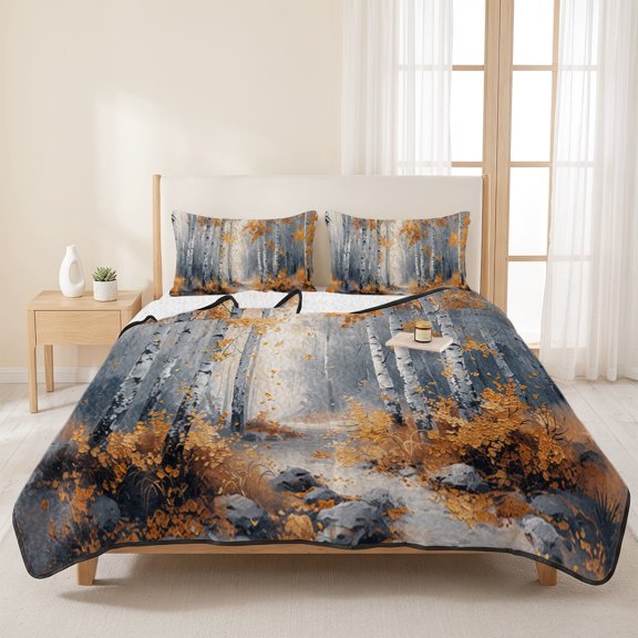 3 Piece Summer Bed Quilt Set King Size,Abstract Autumn Forest Natural Scene Lightweight Bedspread Coverlet with 2 Pillowcases Oil Painting Art Tree Plant Soft Comforter Bedding Quilts for All Season