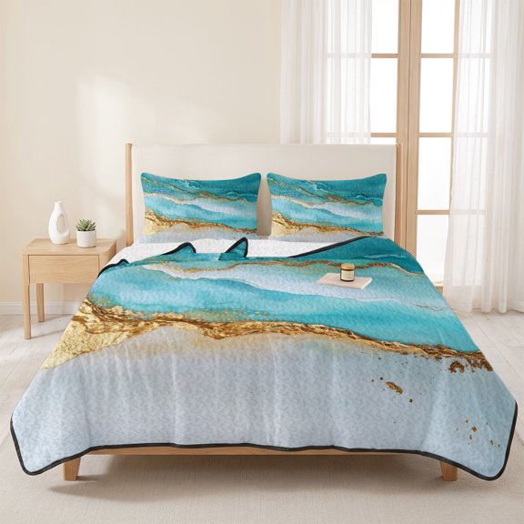 3 Piece Summer Bed Quilt Set King Size,Abstract Ocean Waves Sand Beach Lightweight Bedspread Coverlet with 2 Pillowcases Smmer Seaside Soft Comforter Bedding Quilts for All Season