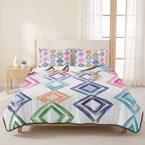 3 Piece Summer Bed Quilt Set King Size,Abstract Watercolor Blocks Lightweight Bedspread Coverlet with 2 Pillowcases Retro Geometric Patchwork Soft Comforter Bedding Quilts for All Season