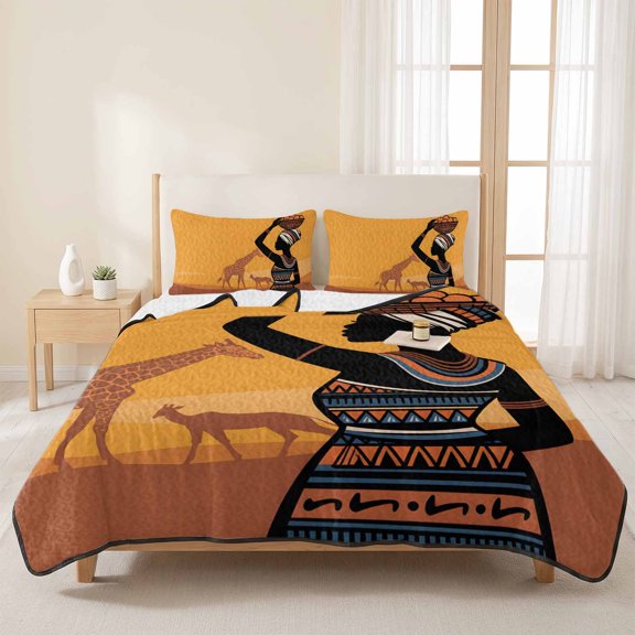 3 Piece Summer Bed Quilt Set King Size,Africa Ethnicity Women Lightweight Bedspread Coverlet with 2 Pillowcases Giraffe Soft Comforter Bedding Quilts for All Season