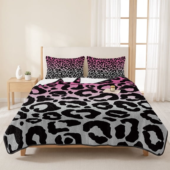 3 Piece Summer Bed Quilt Set King Size,Black Leopard Animal Pattern Print Texture Lightweight Bedspread Coverlet with 2 Pillowcases Pink Gradient Back Soft Comforter Bedding Quilts for All Season