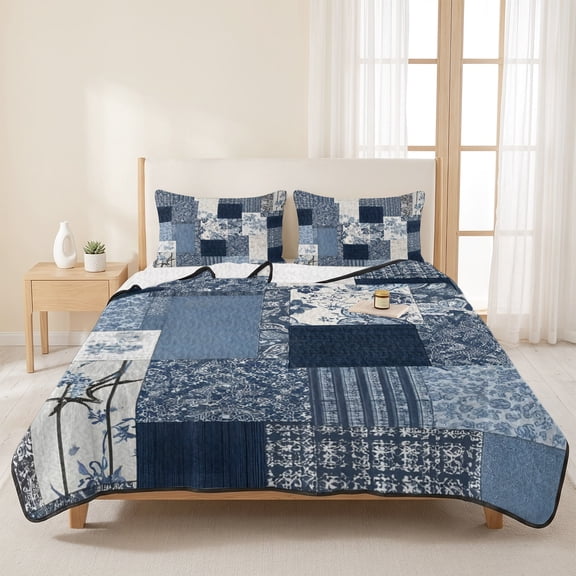 3 Piece Summer Bed Quilt Set King Size,Blue Geometric Retro Patchwork Lightweight Bedspread Coverlet with 2 Pillowcases Vintage Floral Texture Soft Comforter Bedding Quilts for All Season