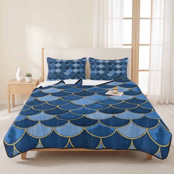 3 Piece Summer Bed Quilt Set King Size,Blue Gradient Texture Lightweight Bedspread Coverlet with 2 Pillowcases Abstract Fish Scales Soft Comforter Bedding Quilts for All Season
