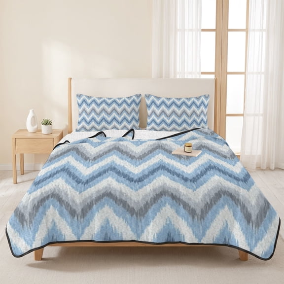 3 Piece Summer Bed Quilt Set King Size,Blue Gray Zigzag Chevron Lightweight Bedspread Coverlet with 2 Pillowcases Abstract Geometric Water Ripple Soft Comforter Bedding Quilts for All Season