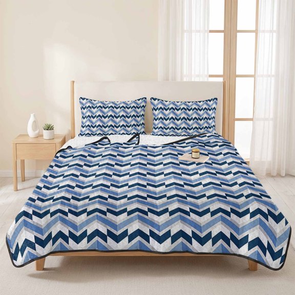 3 Piece Summer Bed Quilt Set King Size,Blue Striped Ripple Zigzag Chevron Lightweight Bedspread Coverlet with 2 Pillowcases Abstract Geometric Style Soft Comforter Bedding Quilts for All Season