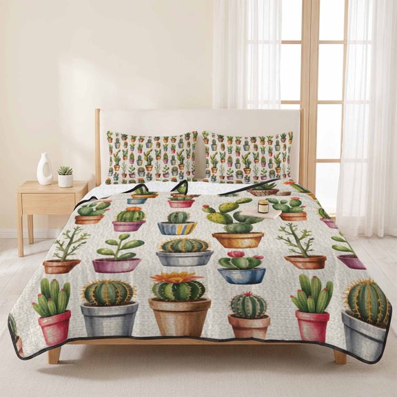 3 Piece Summer Bed Quilt Set King Size,Cactus Summer Tropical Plant Lightweight Bedspread Coverlet with 2 Pillowcases Vintage Potted Greenery Soft Comforter Bedding Quilts for All Season