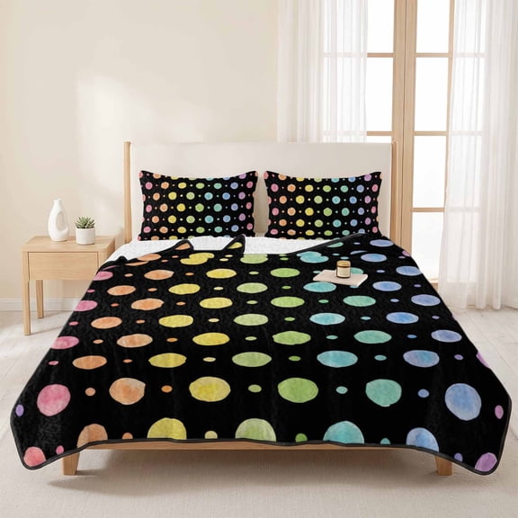 3 Piece Summer Bed Quilt Set King Size,Colorful Dot Polka on Black Lightweight Bedspread Coverlet with 2 Pillowcases Rainbow Color Ombre Dot Soft Comforter Bedding Quilts for All Season