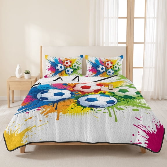 3 Piece Summer Bed Quilt Set King Size,Colorful Soccer Balls Lightweight Bedspread Coverlet with 2 Pillowcases Rainbow Paint Splatter Footballs Soft Comforter Bedding Quilts for All Season