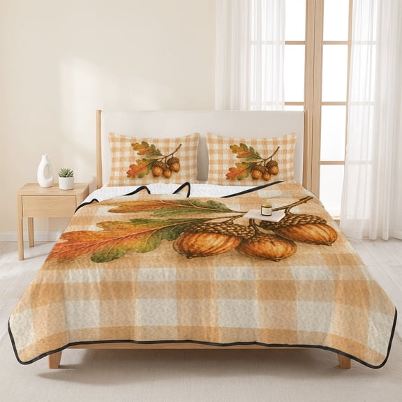 3 Piece Summer Bed Quilt Set King Size,Countryside Fall Acorn Leaves Lightweight Bedspread Coverlet with 2 Pillowcases Farm Beige Buffalo Check Soft Comforter Bedding Quilts for All Season
