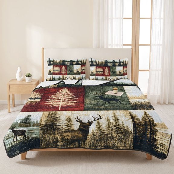 3 Piece Summer Bed Quilt Set King Size,Deer Forest Tree Shadows Lightweight Bedspread Coverlet with 2 Pillowcases Collage Style Soft Comforter Bedding Quilts for All Season