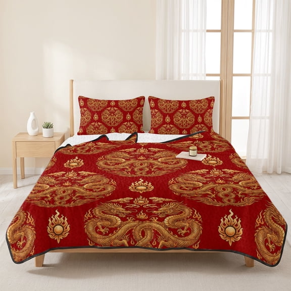 3 Piece Summer Bed Quilt Set King Size,Dragon Chinese New Year Lightweight Bedspread Coverlet with 2 Pillowcases Vintage Red Backdrop Soft Comforter Bedding Quilts for All Season