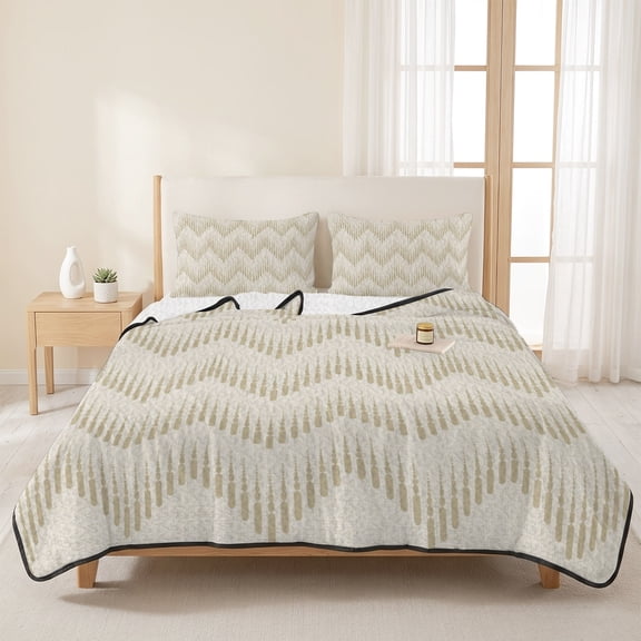 3 Piece Summer Bed Quilt Set King Size,Earth Tones Halftone Zigzag Lightweight Bedspread Coverlet with 2 Pillowcases Retro Sand Background Soft Comforter Bedding Quilts for All Season