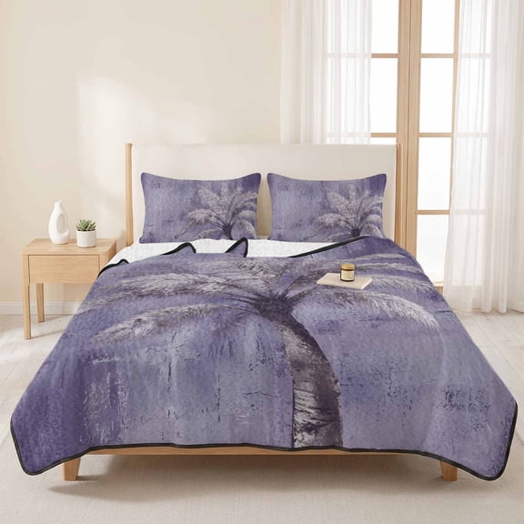 3 Piece Summer Bed Quilt Set King Size,Exotic Palm Tree on Lavender Purple Lightweight Bedspread Coverlet with 2 Pillowcases Abstract Botantical Soft Comforter Bedding Quilts for All Season