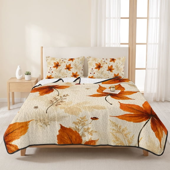 3 Piece Summer Bed Quilt Set King Size,Fall Thanksgiving Maple Leaves Lightweight Bedspread Coverlet with 2 Pillowcases Country Wildflower Herb Soft Comforter Bedding Quilts for All Season