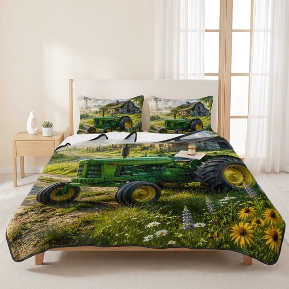 3 Piece Summer Bed Quilt Set King Size,Farm Green Tractor Lightweight Bedspread Coverlet with 2 Pillowcases Retro Old Barn Windmill Soft Comforter Bedding Quilts for All Season