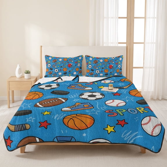 3 Piece Summer Bed Quilt Set King Size,Football Basketball Rugby Baseball on Blue Lightweight Bedspread Coverlet with 2 Pillowcases Win Sports Soft Comforter Bedding Quilts for All Season