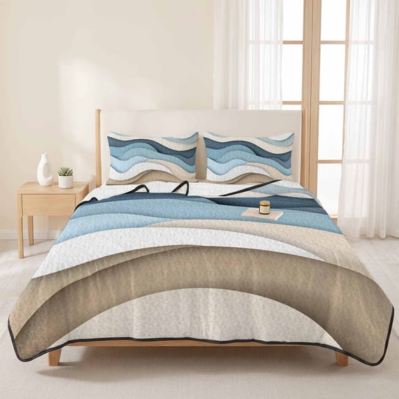 3 Piece Summer Bed Quilt Set King Size,Gradient Abstract Blue Brown Ocean Waves Lightweight Bedspread Coverlet with 2 Pillowcases Seaside Sand Soft Comforter Bedding Quilts for All Season