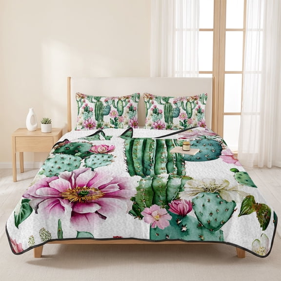 3 Piece Summer Bed Quilt Set King Size,Green Cactus Flowers Lightweight Bedspread Coverlet with 2 Pillowcases Summer Tropical Plant Soft Comforter Bedding Quilts for All Season