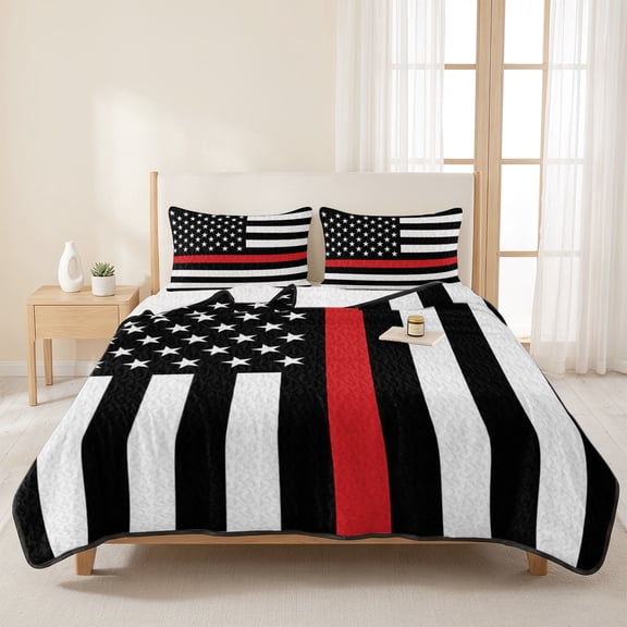 3 Piece Summer Bed Quilt Set King Size,Independence Day USA Flag Thin Red Line Lightweight Bedspread Coverlet with 2 Pillowcases Patriotic Firefighter Soft Comforter Bedding Quilts for All Season