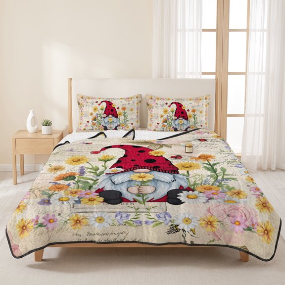 3 Piece Summer Bed Quilt Set King Size,Ladybug Dwarf Daisy Flower Watercolor Lightweight Bedspread Coverlet with 2 Pillowcases Watercolor Floral Retro Letter Soft Bedding Quilts for All Season