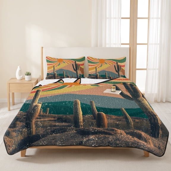 3 Piece Summer Bed Quilt Set King Size,Mid Century Desert Cactus Tropical Plant Lightweight Bedspread Coverlet with 2 Pillowcases Retro Simple Abstract Art Soft Bedding Quilts for All Season
