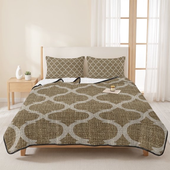 3 Piece Summer Bed Quilt Set King Size,Moroccan Geometric Style Lightweight Bedspread Coverlet with 2 Pillowcases Vintage Brown Linen Texture Soft Comforter Bedding Quilts for All Season