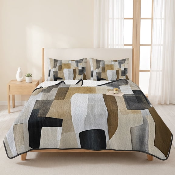 3 Piece Summer Bed Quilt Set King Size,Neutral Abstract Blocks Lightweight Bedspread Coverlet with 2 Pillowcases Earthy Brushstrokes Soft Comforter Bedding Quilts for All Season