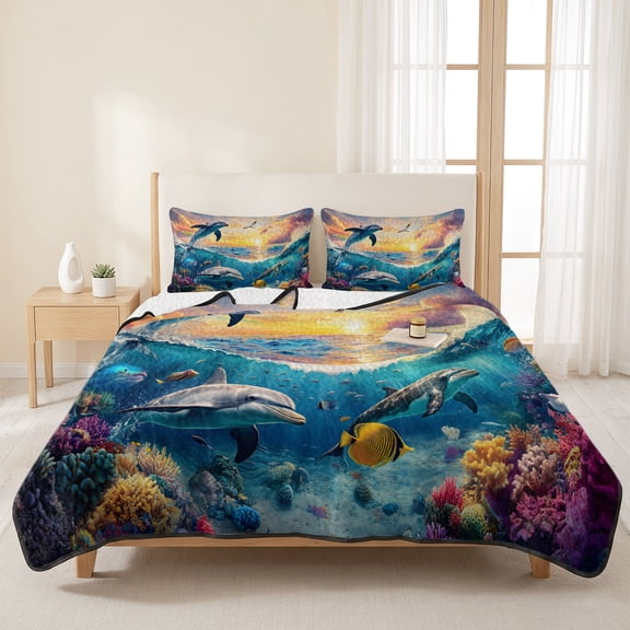 3 Piece Summer Bed Quilt Set King Size,Ocean Dolphin Blue Ocean Coral Lightweight Bedspread Coverlet with 2 Pillowcases Watercolor Underwater World Soft Comforter Bedding Quilts for All Season