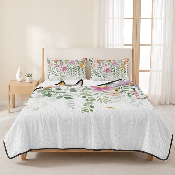 3 Piece Summer Bed Quilt Set King Size,Pastoral Watercolor Flower Leaves Lightweight Bedspread Coverlet with 2 Pillowcases Farmhouse Florets Soft Comforter Bedding Quilts for All Season