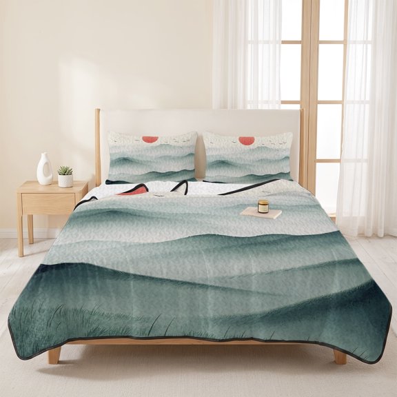 3 Piece Summer Bed Quilt Set King Size,Retro Art Sun Foggy Mountain Scene Lightweight Bedspread Coverlet with 2 Pillowcases Bird Abstract Gradient Soft Comforter Bedding Quilts for All Season