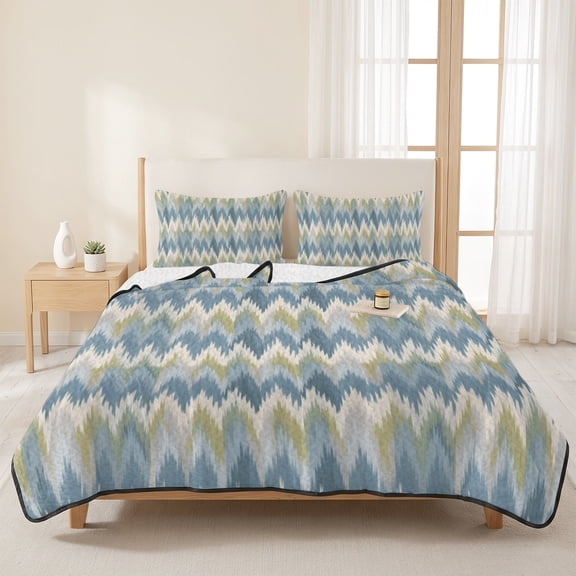 3 Piece Summer Bed Quilt Set King Size,Retro Blue Green Zigzag Chevron Lightweight Bedspread Coverlet with 2 Pillowcases Southwest Ethnic Style Soft Comforter Bedding Quilts for All Season