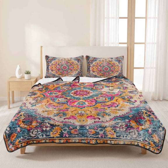 3 Piece Summer Bed Quilt Set King Size,Retro Medieval Turkish Tattoos Lightweight Bedspread Coverlet with 2 Pillowcases Classic Boho Pattern Soft Comforter Bedding Quilts for All Season