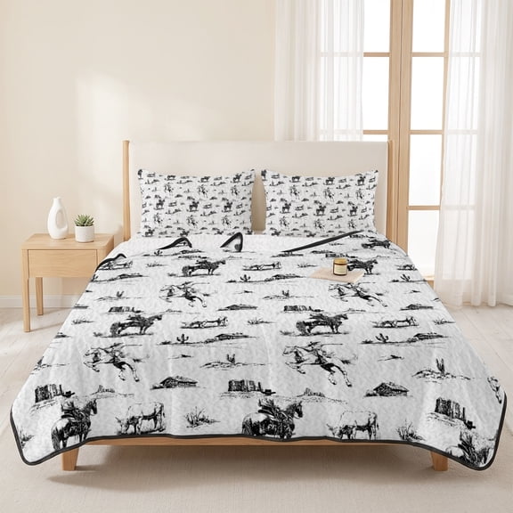 3 Piece Summer Bed Quilt Set King Size,Retro Western Cowboy Lightweight Bedspread Coverlet with 2 Pillowcases Gray Black Farm Horse Soft Comforter Bedding Quilts for All Season