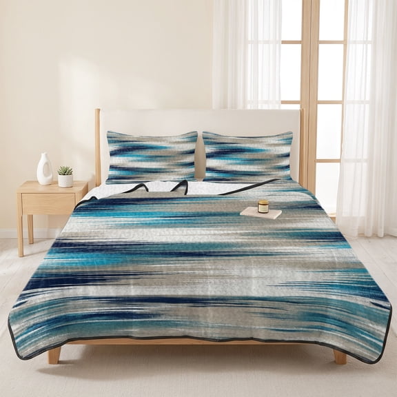 3 Piece Summer Bed Quilt Set King Size,Slate Blue Sand Striped Lightweight Bedspread Coverlet with 2 Pillowcases Abstract Geometric Art Soft Comforter Bedding Quilts for All Season