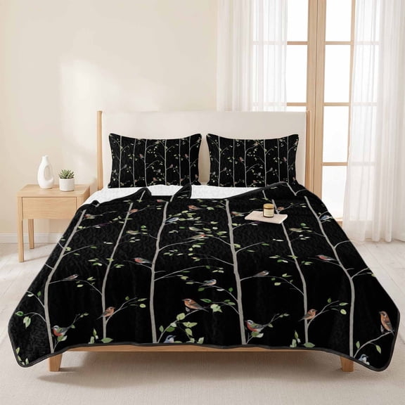 3 Piece Summer Bed Quilt Set King Size,Spring Sparrows on Branches Lightweight Bedspread Coverlet with 2 Pillowcases Abstract Country Bird Soft Comforter Bedding Quilts for All Season