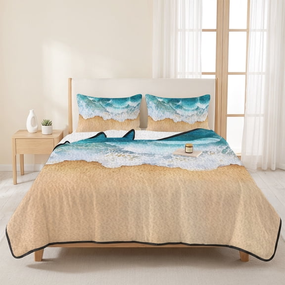 3 Piece Summer Bed Quilt Set King Size,Summer Beach Blue Ocean Lightweight Bedspread Coverlet with 2 Pillowcases Water Ripple Seaside Sand Soft Comforter Bedding Quilts for All Season