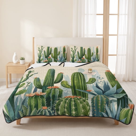 3 Piece Summer Bed Quilt Set King Size,Summer Cactus Tropical Plants Lightweight Bedspread Coverlet with 2 Pillowcases Flower Green Plant Soft Comforter Bedding Quilts for All Season