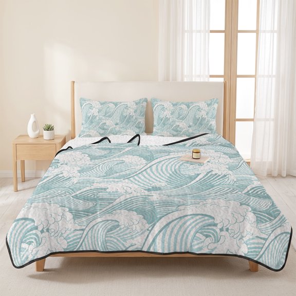 3 Piece Summer Bed Quilt Set King Size,Summer Coastal Abstract Waves Lightweight Bedspread Coverlet with 2 Pillowcases Modern Minimalist Wavy Soft Comforter Bedding Quilts for All Season