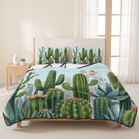 3 Piece Summer Bed Quilt Set King Size,Summer Green Cactus Succulent Flower Lightweight Bedspread Coverlet with 2 Pillowcases Tropical Plant Soft Comforter Bedding Quilts for All Season